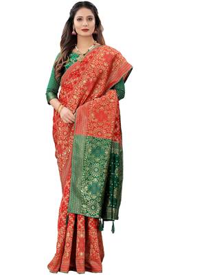 Red Woven Cotton Silk Saree With Blouse 3