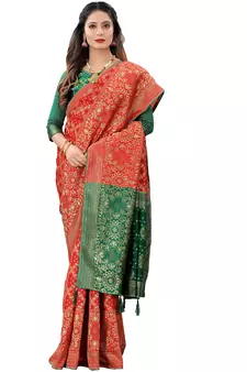 Red Woven Cotton Silk Saree With Blouse