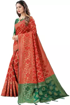 Red Woven Cotton Silk Saree With Blouse