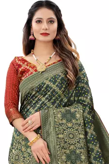 Green woven Banarasi Cotton  silk saree with blouse