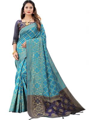Teal woven Banarasi Cotton  silk saree with blouse 1