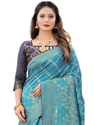 Teal woven Banarasi Cotton  silk saree with blouse 2