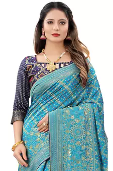 Teal woven Banarasi Cotton  silk saree with blouse