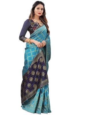 Teal woven Banarasi Cotton  silk saree with blouse 3
