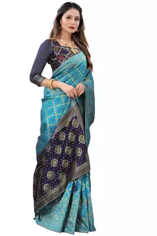 Teal woven Banarasi Cotton  silk saree with blouse