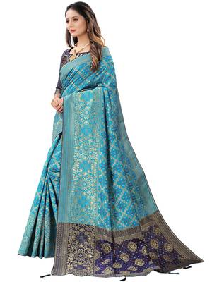 Teal woven Banarasi Cotton  silk saree with blouse 4