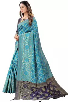 Teal woven Banarasi Cotton  silk saree with blouse