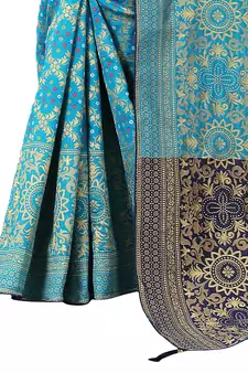 Teal woven Banarasi Cotton  silk saree with blouse