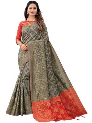 Grey woven Banarasi Cotton  silk saree with blouse 1