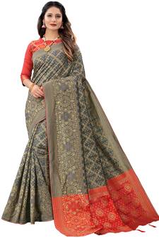 Grey woven Banarasi Cotton  silk saree with blouse