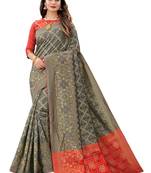 Grey woven Banarasi Cotton  silk saree with blouse