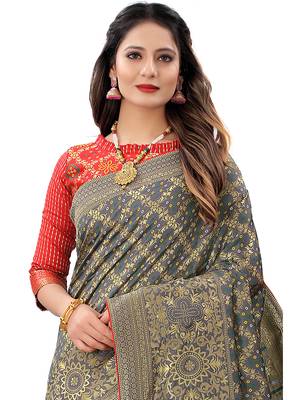 Grey woven Banarasi Cotton  silk saree with blouse 2