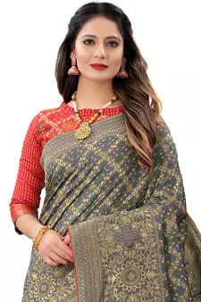 Grey woven Banarasi Cotton  silk saree with blouse