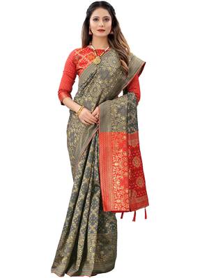 Grey woven Banarasi Cotton  silk saree with blouse 3