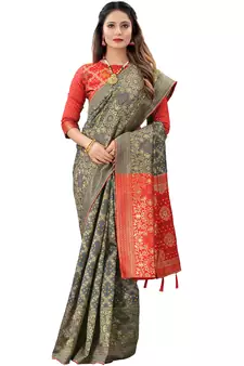Grey woven Banarasi Cotton  silk saree with blouse
