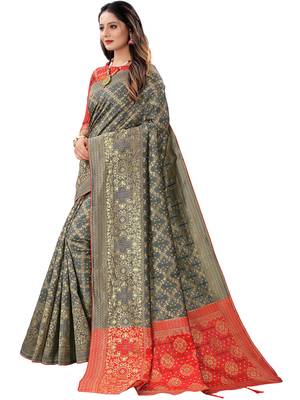 Grey woven Banarasi Cotton  silk saree with blouse 4