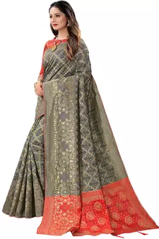 Grey woven Banarasi Cotton  silk saree with blouse