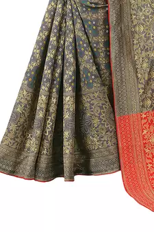 Grey woven Banarasi Cotton  silk saree with blouse