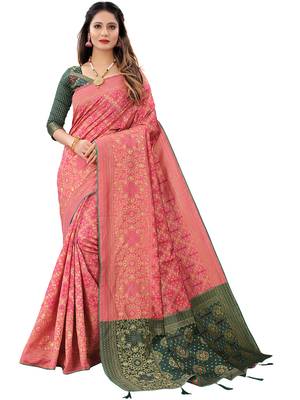 Hot pink woven Banarasi Cotton  silk saree with blouse 1