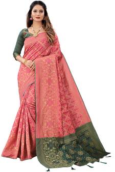 Hot pink woven Banarasi Cotton  silk saree with blouse