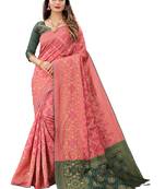 Hot pink woven Banarasi Cotton  silk saree with blouse