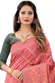Hot pink woven Banarasi Cotton  silk saree with blouse