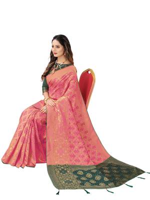 Hot pink woven Banarasi Cotton  silk saree with blouse 3
