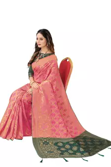 Hot pink woven Banarasi Cotton  silk saree with blouse