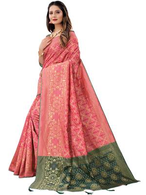Hot pink woven Banarasi Cotton  silk saree with blouse 4