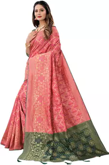 Hot pink woven Banarasi Cotton  silk saree with blouse