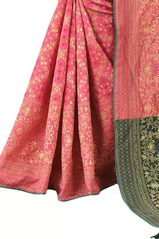 Hot pink woven Banarasi Cotton  silk saree with blouse