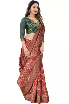 Maroon woven Banarasi Cotton  silk saree with blouse