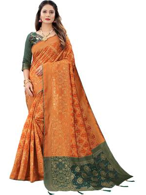 Orange woven Banarasi Cotton  silk saree with blouse 1