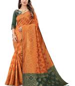 Orange woven Banarasi Cotton  silk saree with blouse