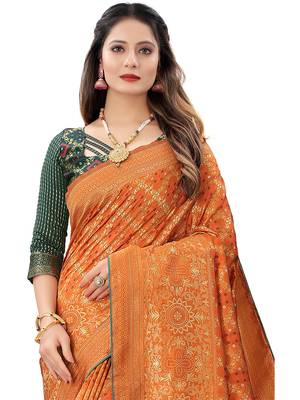 Orange woven Banarasi Cotton  silk saree with blouse 2