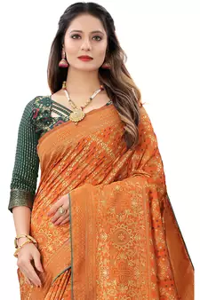 Orange woven Banarasi Cotton  silk saree with blouse