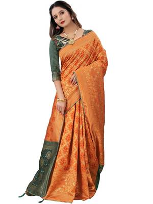 Orange woven Banarasi Cotton  silk saree with blouse 3