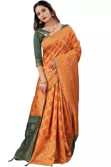 Orange woven Banarasi Cotton  silk saree with blouse