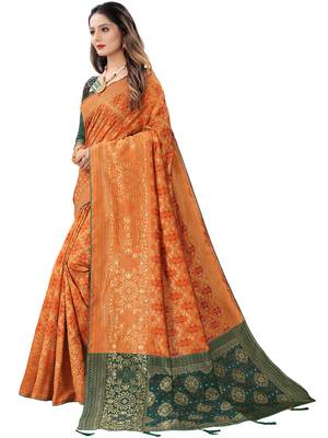 Orange woven Banarasi Cotton  silk saree with blouse 4
