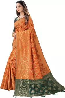 Orange woven Banarasi Cotton  silk saree with blouse