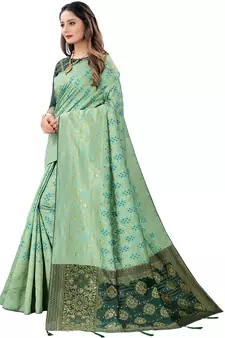 Light green woven Banarasi Cotton  silk saree with blouse