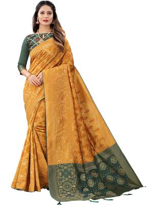 Yellow woven Banarasi Cotton  silk saree with blouse 1