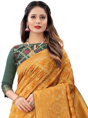 Yellow woven Banarasi Cotton  silk saree with blouse 2