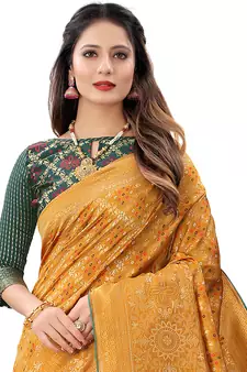 Yellow woven Banarasi Cotton  silk saree with blouse