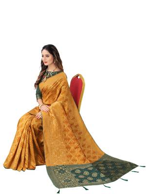 Yellow woven Banarasi Cotton  silk saree with blouse 3