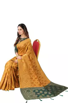 Yellow woven Banarasi Cotton  silk saree with blouse