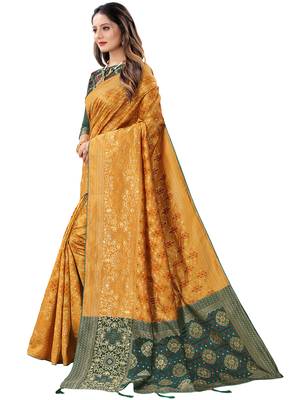 Yellow woven Banarasi Cotton  silk saree with blouse 4
