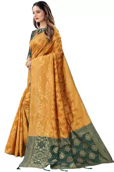 Yellow woven Banarasi Cotton  silk saree with blouse