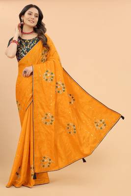 Yellow Embroidered Faux Silk Blend Saree With Blouse 1