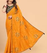 Yellow Embroidered Faux Silk Blend Saree With Blouse